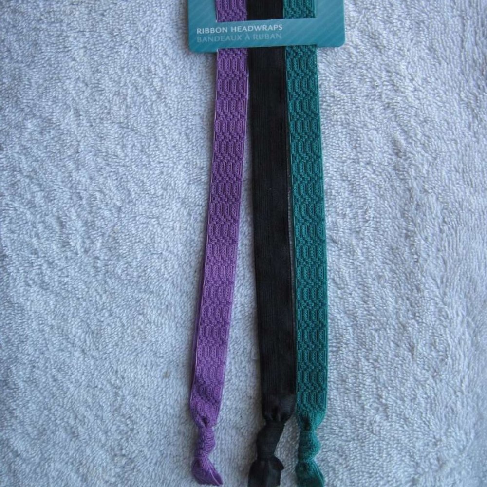 3 Goody Ouchless Ribbon Headwraps Black Teal Purple Headbands Soft Fabric Lace